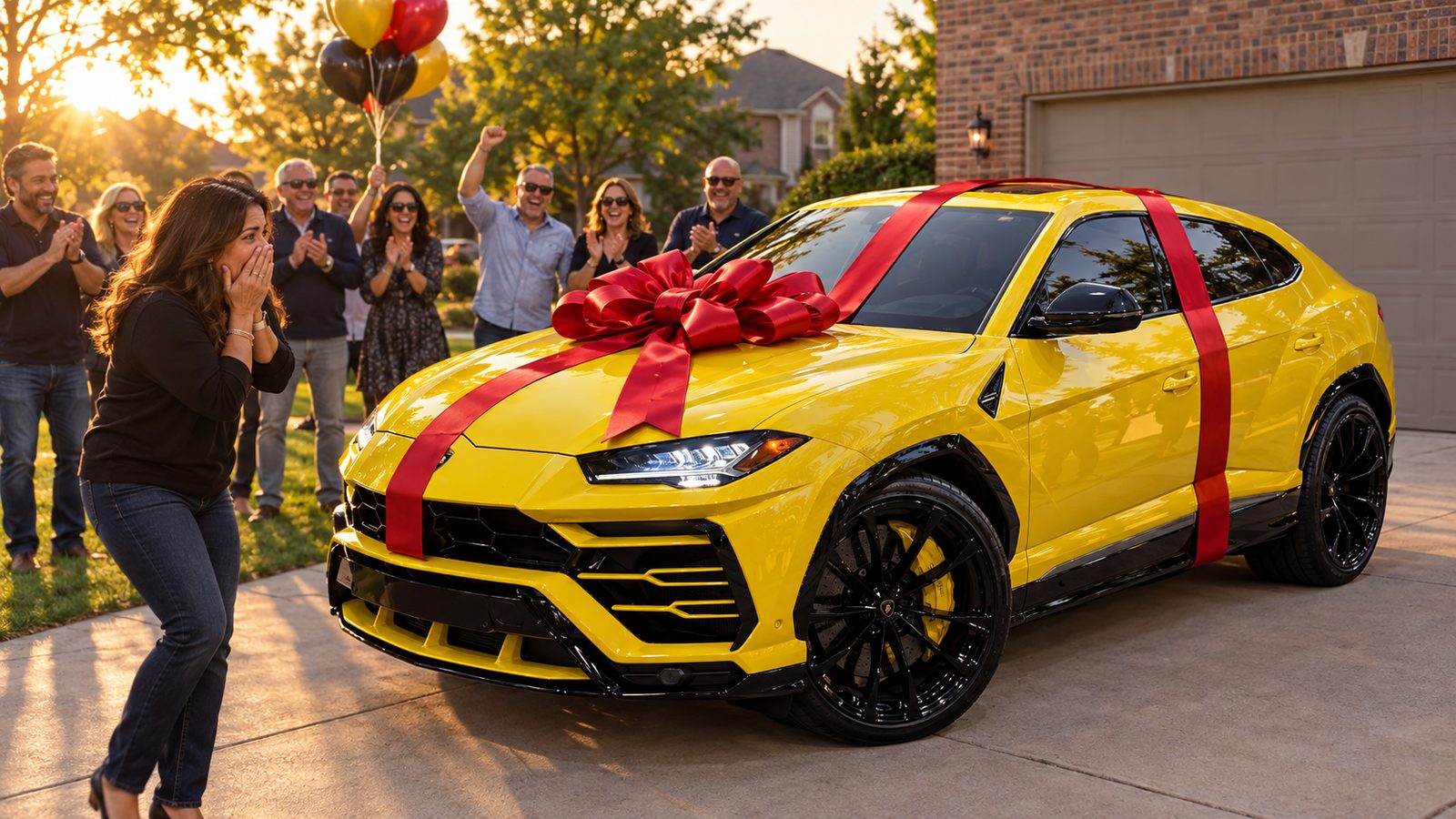 A yellow Lamborghini Urus with a red bow as a birthday surprise