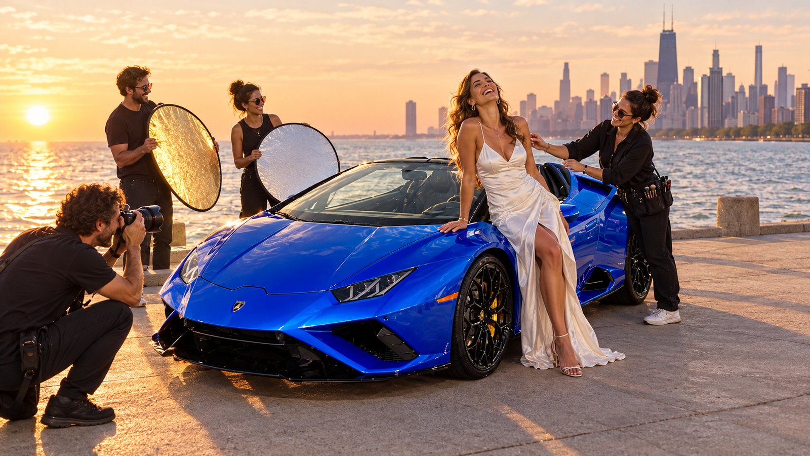 A fashion photo shoot with a model and a blue Lamborghini Huracán Spyder on the Chicago lakefront at sunrise